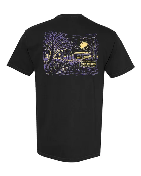 The Woods black tee with haunted woodland artwork on the back